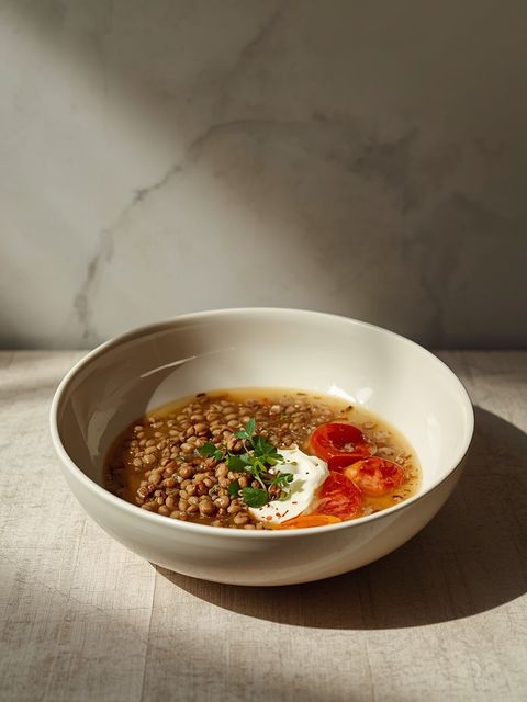 Soup, pâté, salad with lentils as the main ingredient