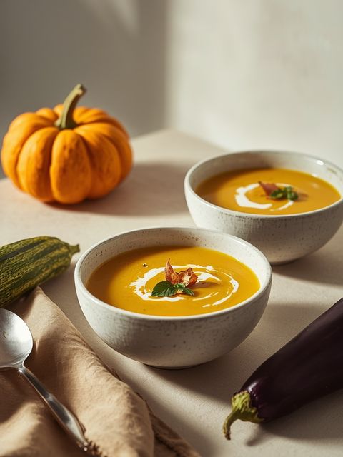 Autumn Cream Soups with Pumpkin, Zucchini and Eggplant