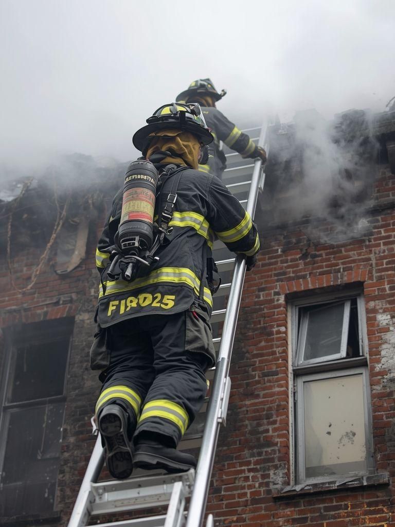 Strażacy, drabina wznosząca i wspinaczkowa z pełnym wyposażeniem, symulowana nadciśnienie pożarowe