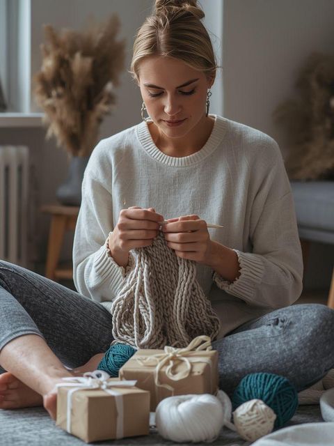 Stricken, Nähen, leichte Anstrengung, Verpacken von Geschenken, Sitzen
