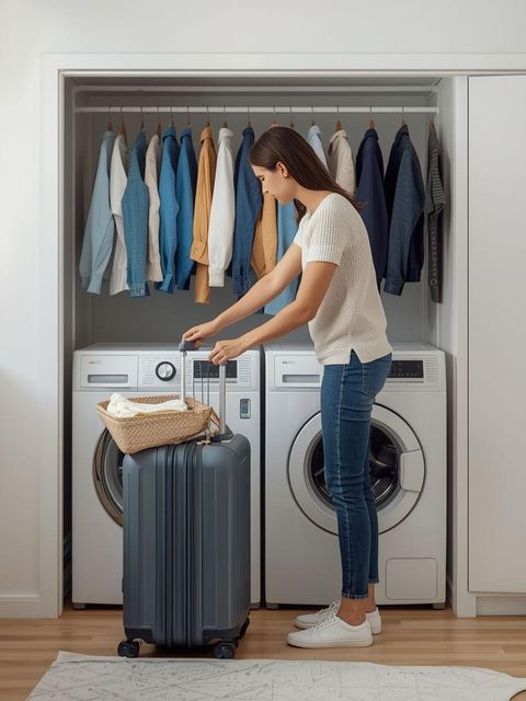 Wäsche waschen, Kleidung falten oder aufhängen, Kleidung in Waschmaschine oder Trockner geben, Koffer packen, Wäsche von Hand waschen, impliziertes Stehen, leichte Anstrengung