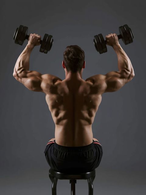 Siedząc Bent-Over Two-Arm Hantle Triceps Wyprosty