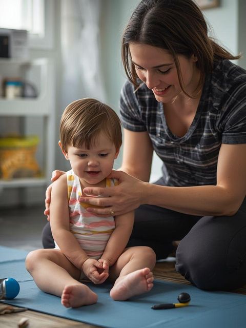 Kinderbetreuung, Sitzen/Knien (z. B. ankleiden, baden, pflegen, füttern, gelegentliches Anheben des Kindes), leichte Anstrengung, allgemein