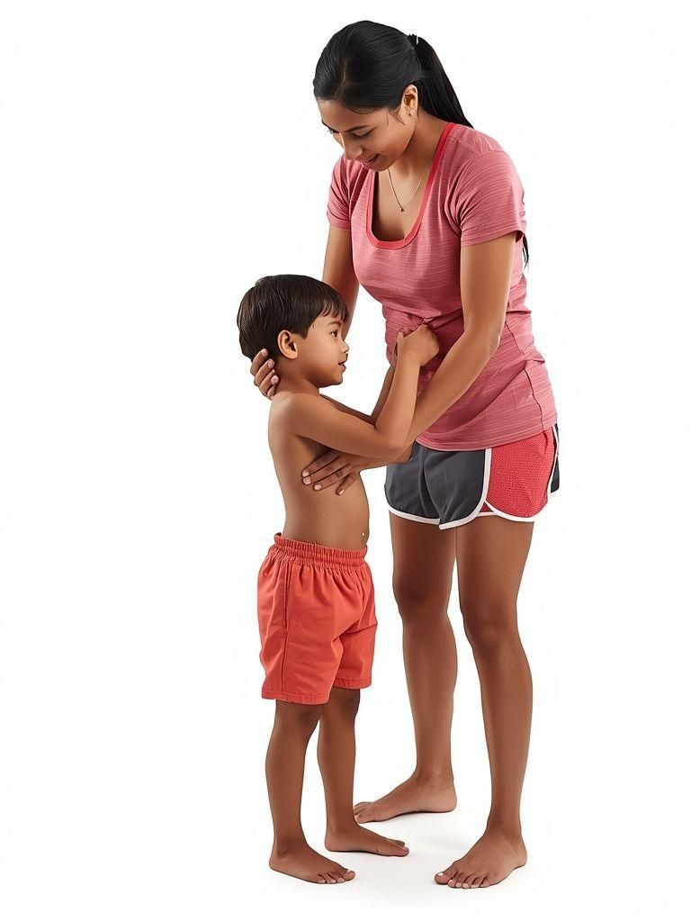 Kinderpflege im Stehen (z.B. Anziehen, Baden, Pflege, Fütterung, gelegentliches Anheben des Kindes), moderater Aufwand