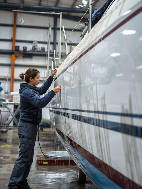 Waschen und Wachsen des Rumpfes des Segelbootes oder des Flugzeuges