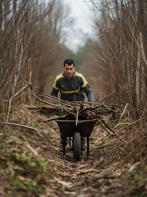 Reinigung von Pinsel/Land, Unterwuchs oder Boden, schleppende Zweige, Schubkarrenarbeit, kräftige Anstrengung