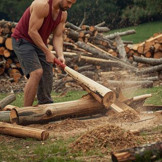Holz hacken, Protokolle spalten, kräftiger Aufwand