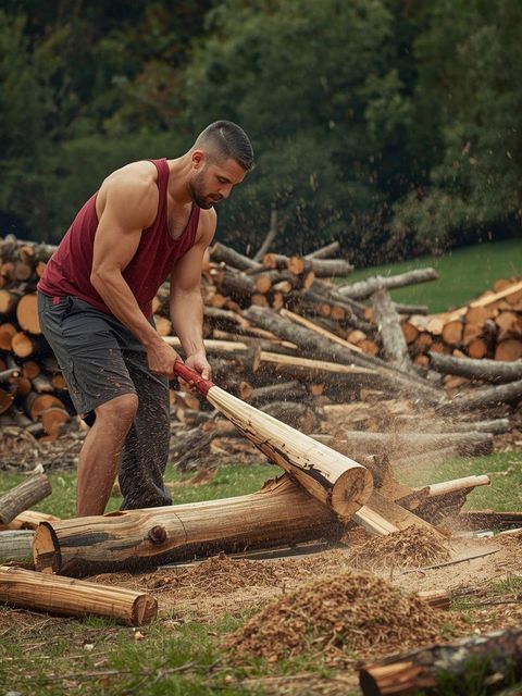 Holz hacken, Protokolle spalten, kräftiger Aufwand