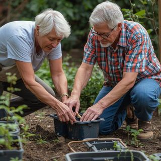 Garten, mit Containern, ältere Erwachsene > 60 Jahre