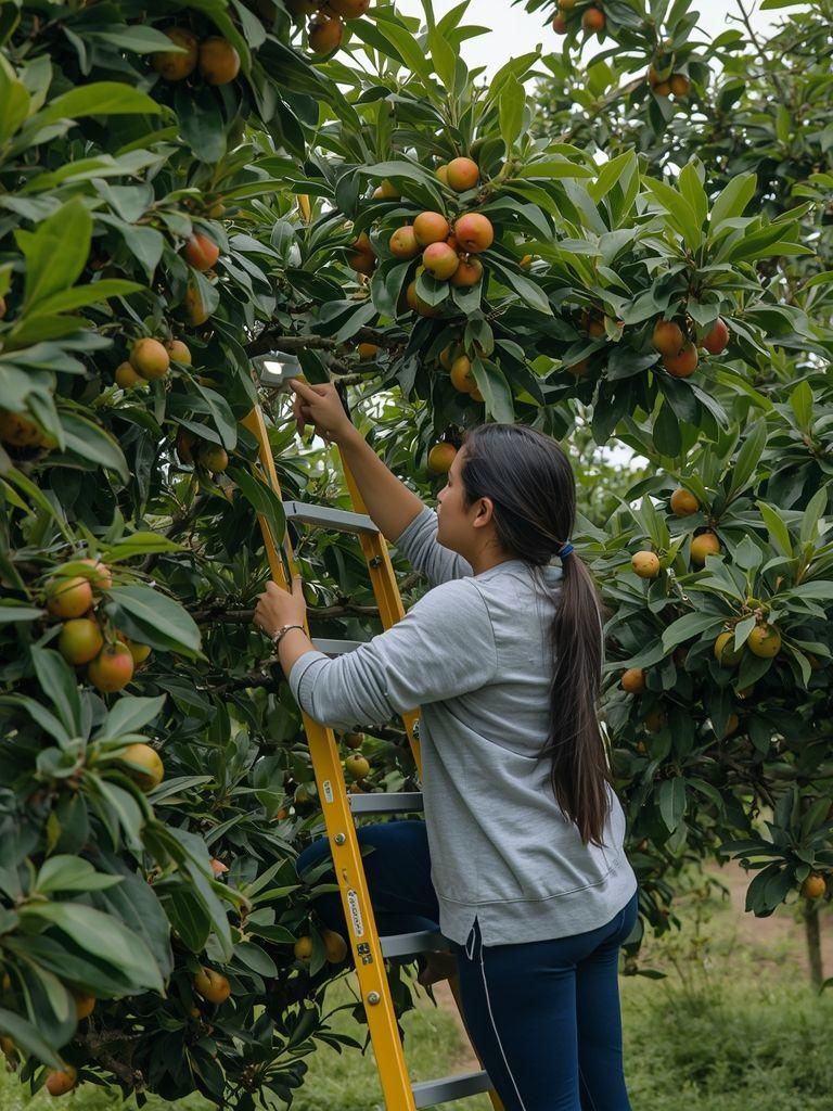 Picking fruit off trees, gleaning fruits, picking fruits/vegetables, climbing ladder to pick fruit, vigorous effort