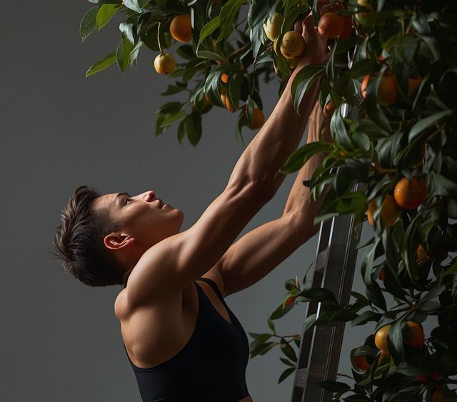 Obst- und Gemüseernte mit Leiternklettern