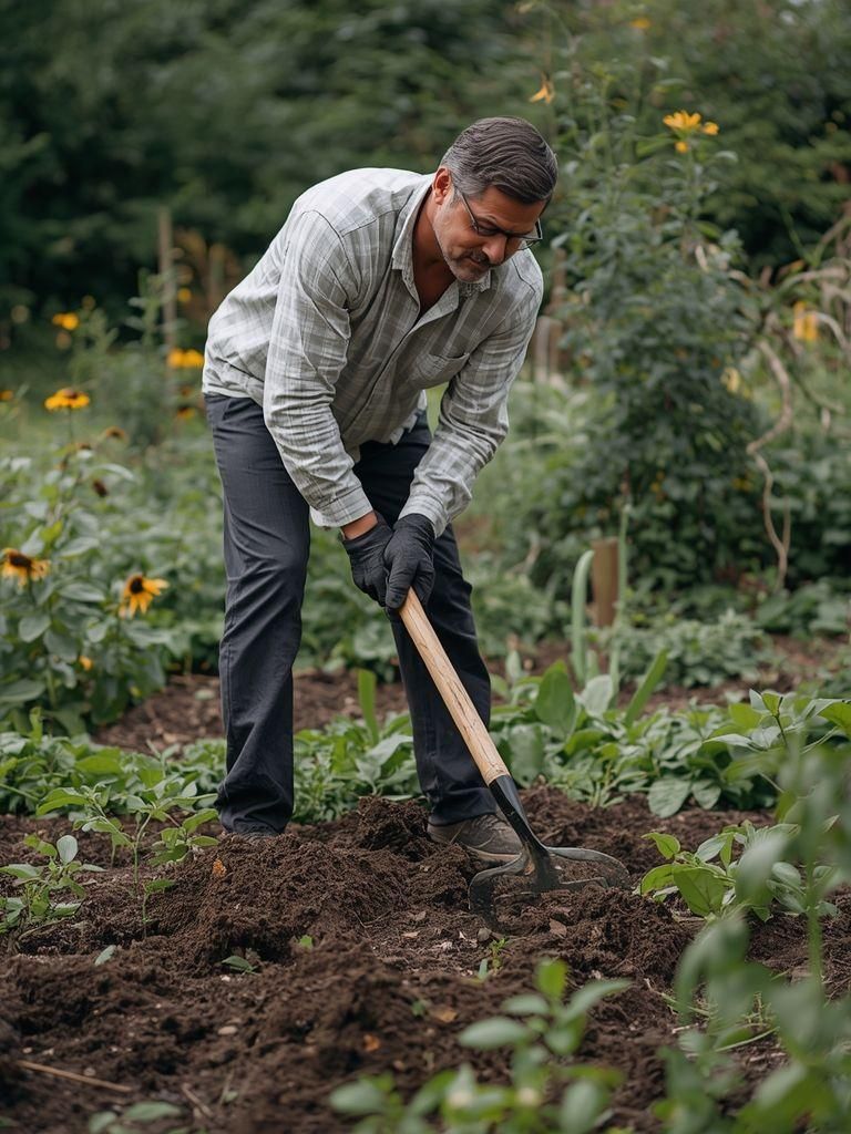 Gartenkultivierung am Wochenende mit Hacke, erfordernder moderater bis energischer Anstrengung