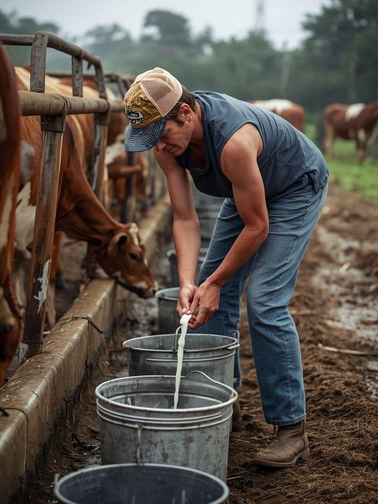 Landwirtschaft, Melken von Hand, Reinigung von Eimern, moderater Aufwand