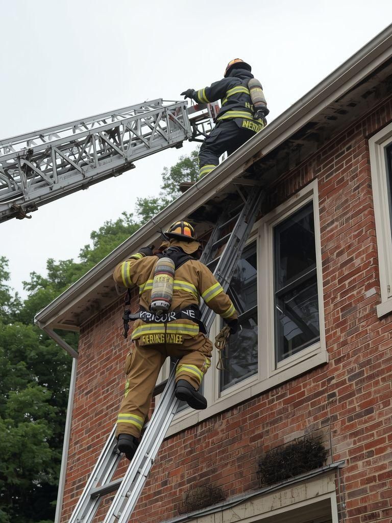 Feuerwehrleute, Auf- und Kletterleiter mit vollständiger Ausrüstung, simulierte Feuerbekämpfung