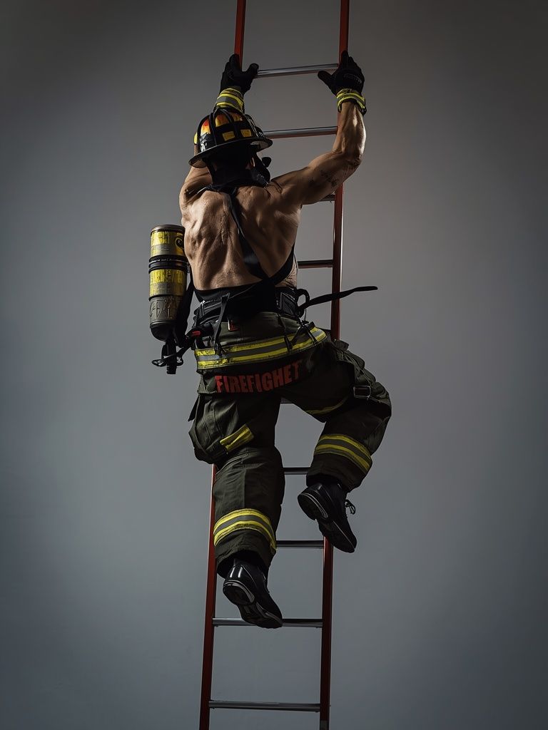 Firefighters, Raising and Climbing Ladder with Full Gear, Simulated Fire Suppression 2