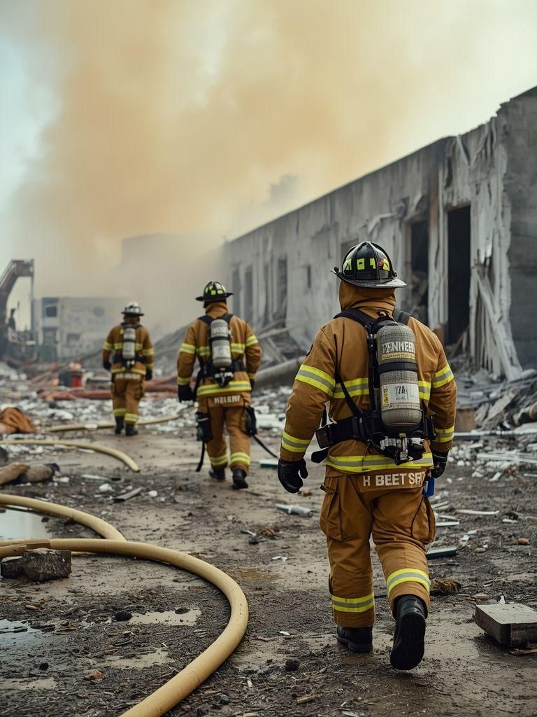Strażacy, węże na ziemi, sprzęt do transportu/podnoszenia, niszczenie ścian itp., w pełnym ekwipunku