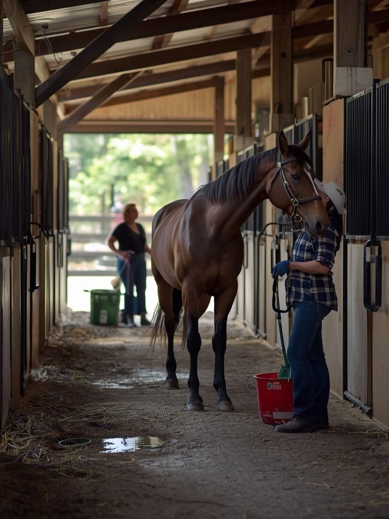 Pferd, Fütterung, Bewässerung, Reinigungsstände, implizierte Geh- und Hebelasten