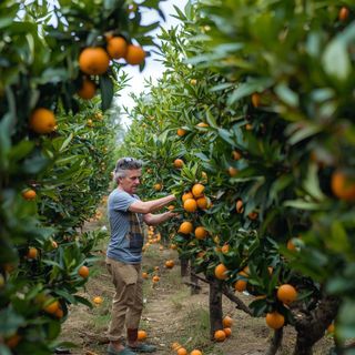 Arbeit auf der Orangenplantage, Obstpflücken