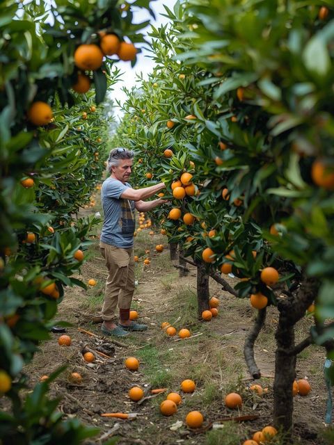 Praca na plantacji pomarańczy, zbieranie owoców