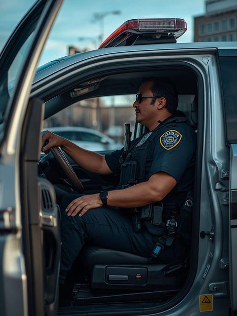 Policja, jazda radiowozem, siedzenie