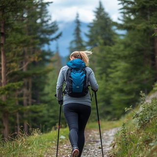 Walking, for Exercise, with Ski Poles, Nordic Walking, Uphill