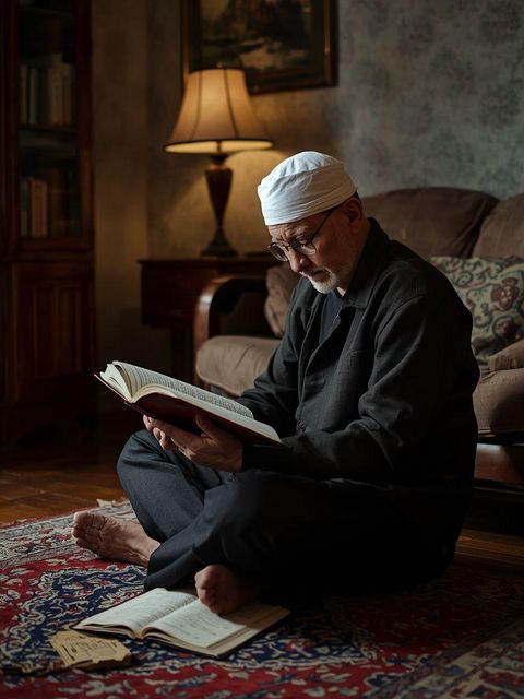 Siedzenie, czytanie materiałów religijnych w domu