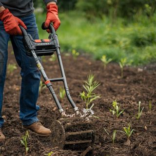 Garten mit schweren Elektrowerkzeugen, Gartenbearbeitung