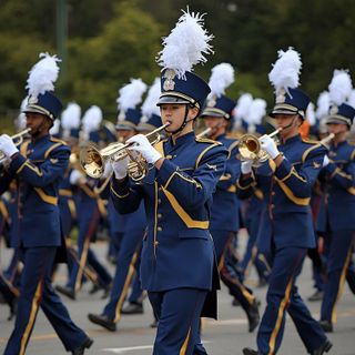 Marching Band, Playing an Instrument, Baton Twirling, Walking