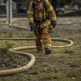 Firefighter, Hauling Hoses on Ground