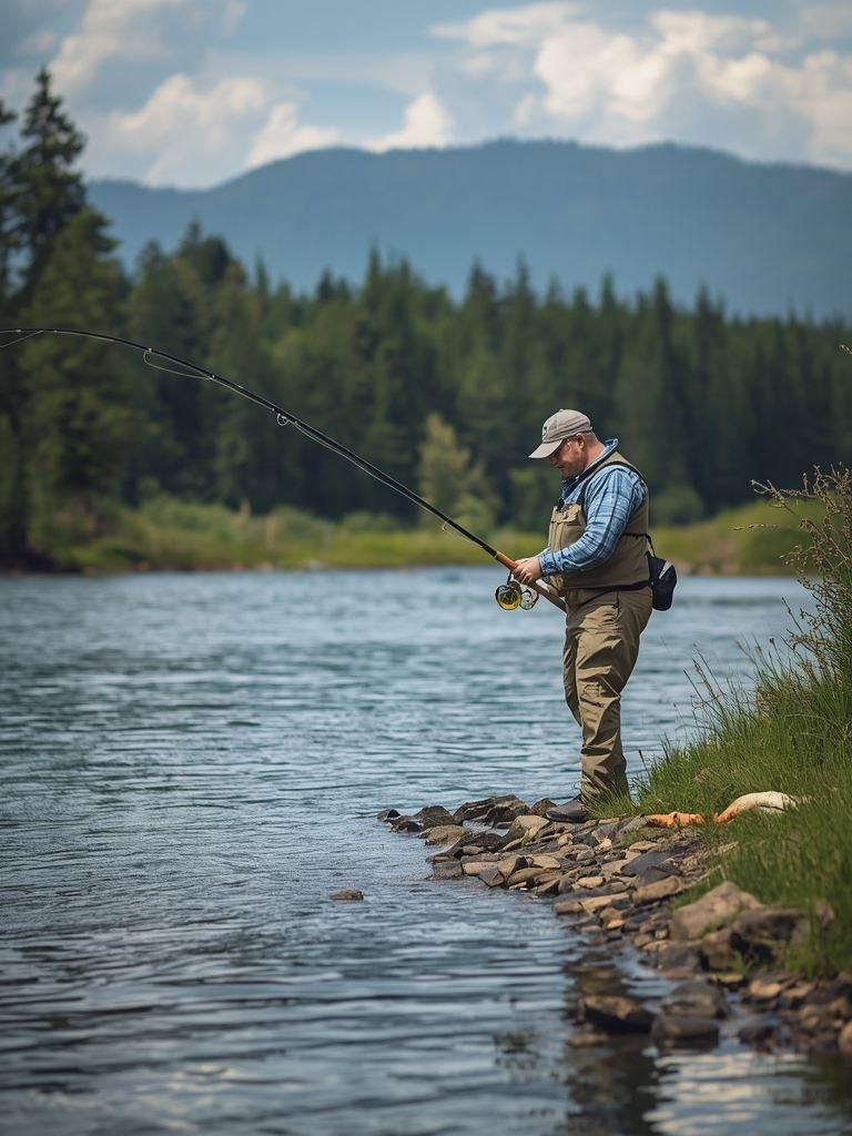 Fishing from river bank, standing