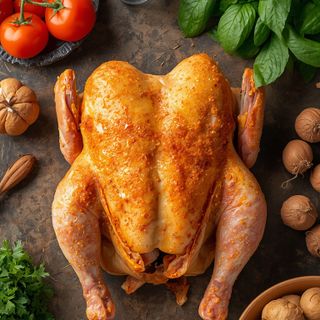 Poulet, ganz, mit Haut, gebraten (ohne Zusatz von Fett und Salz)