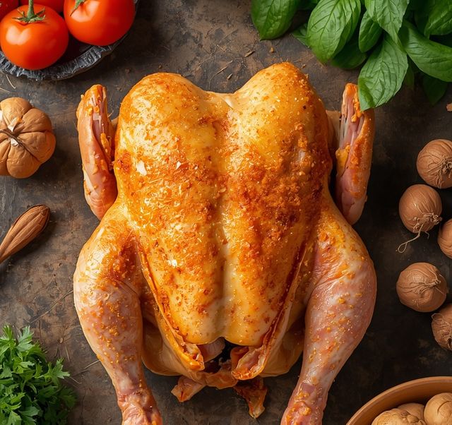 Poulet, cały, ze skórą, smażony (bez dodatku tłuszczu i soli)