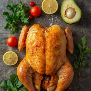 Poulet, ganz, mit Haut, gebraten (ohne Zusatz von Fett und Salz)