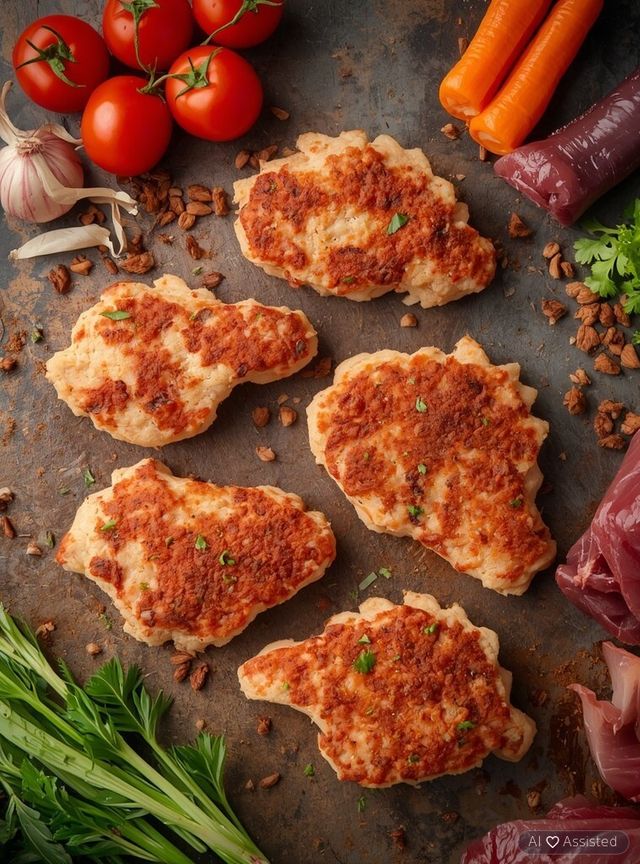 Breaded dinosaur-shaped chicken breast patties with rib meat