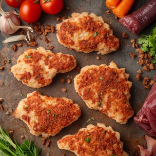 Breaded dinosaur-shaped chicken breast patties with rib meat