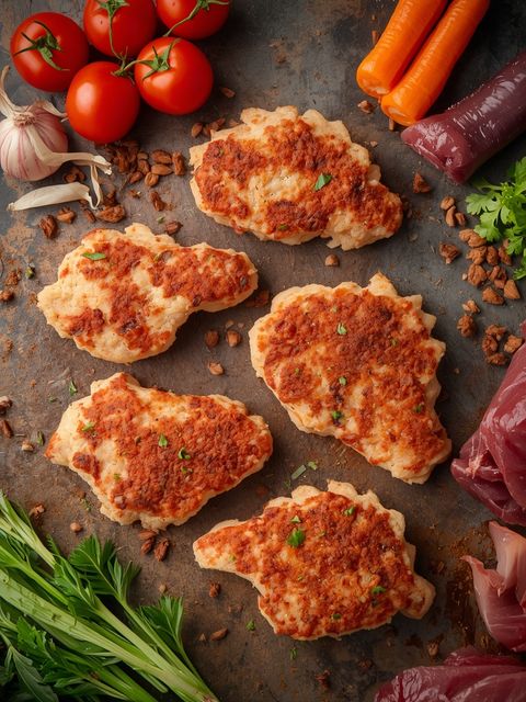 Breaded dinosaur-shaped chicken breast patties with rib meat