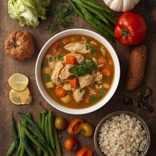 Traditionelle servierfertige Suppe – Hähnchen mit Wildreis