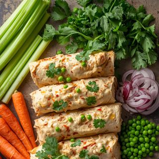 Homestyle Burritos with Creamy Chicken, Celery, Carrots, Peas and Onions