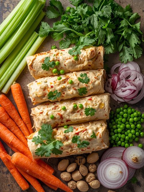 Homestyle Burritos with Creamy Chicken, Celery, Carrots, Peas and Onions