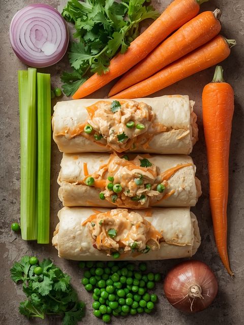 Homestyle-Burritos mit cremigem Hähnchen, Sellerie, Karotten, Erbsen und Zwiebeln