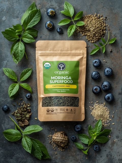 Bio-Superfood-Tee-Beutel mit Moringa – koffeinfreie Heidelbeere