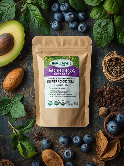 <span>Bio-Superfood-Tee-Beutel mit Moringa – koffeinfreie Heidelbeere</span>
