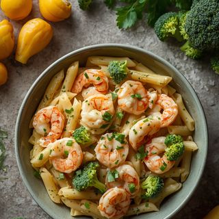 Tender Shrimp, Broccoli & Al Dente Penne Pasta in Rich Alfredo Sauce – Penne Bowl with Shrimp Alfredo