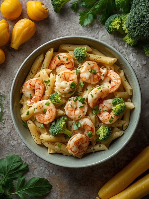 Tender Shrimp, Broccoli & Al Dente Penne Pasta in Rich Alfredo Sauce – Penne Bowl with Shrimp Alfredo