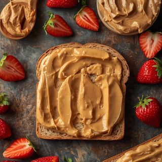 Sandwich mit Erdnussbutter- und Erdbeeraufstrich auf Vollkornbrot