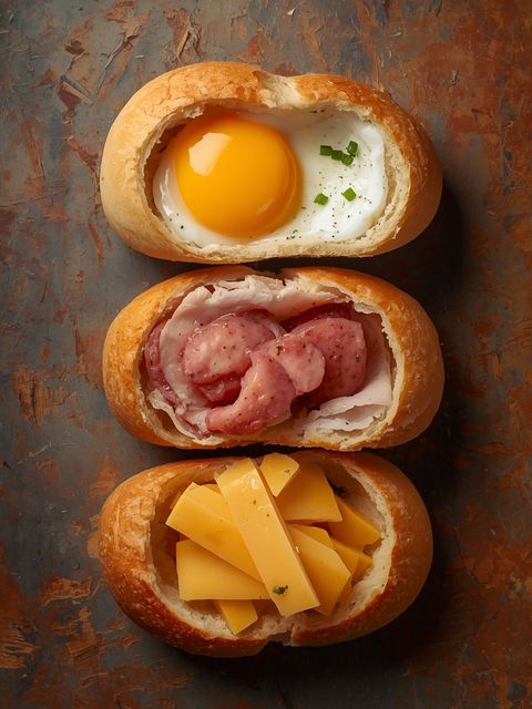 Ei, Putenwurst und Käse im Brot