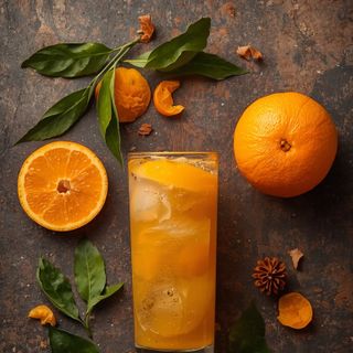 <span>Spritzige Orangensoda</span>, <span>knackige Orange</span>