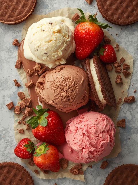 Neapolitan Vanilla, Chocolate and Strawberry Flavored Low-Fat Ice Cream with Chocolate Wafer Ice Cream Sandwiches