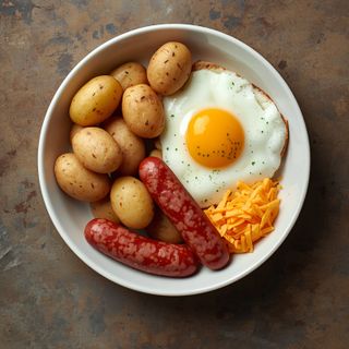 Frühstücksschale mit Kartoffeln, Eiern, Würstchen und Cheddar-Käse