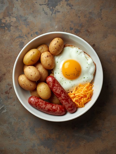 Frühstücksschale mit Kartoffeln, Eiern, Würstchen und Cheddar-Käse